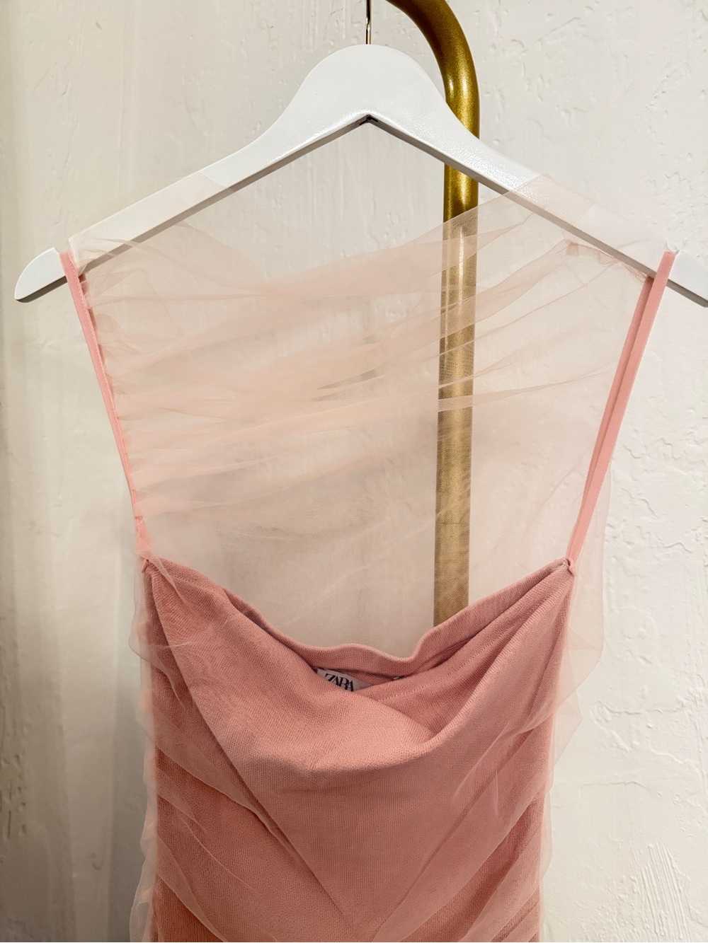 Zara Blush Pink Draped Mesh Maxi Dress Small NWT Cowl Neck - Picture 4 of 8